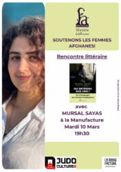 Affiche de la rencontre littéraire avec Mursal Sayas le mardi 12 mars 2026 à Villefranche de Rouergue